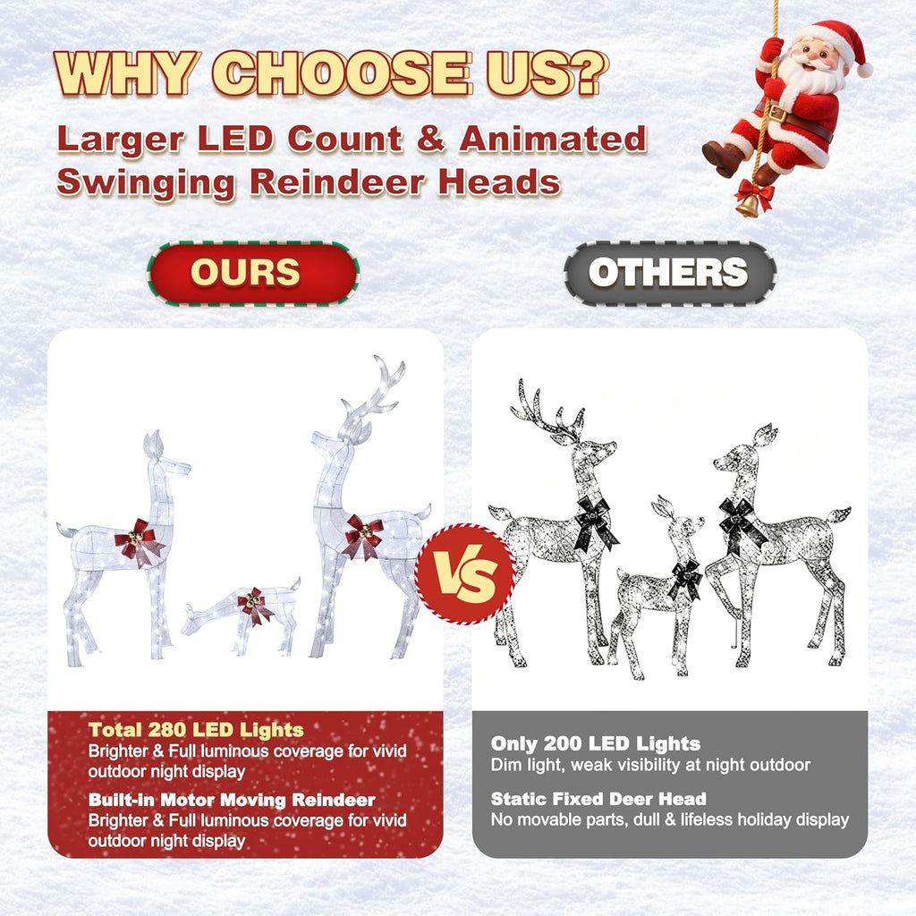 Pre-Lit Animated Deer Family, 3 Piece Christmas Deer Decor, White
