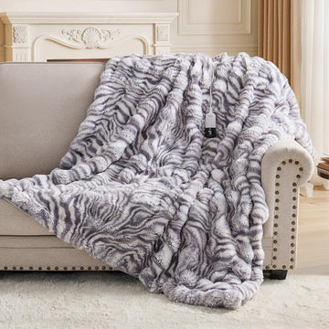 Faux Fur Cozy Heated Blanket Throw Size, Zebra Stripes, 50"x62"