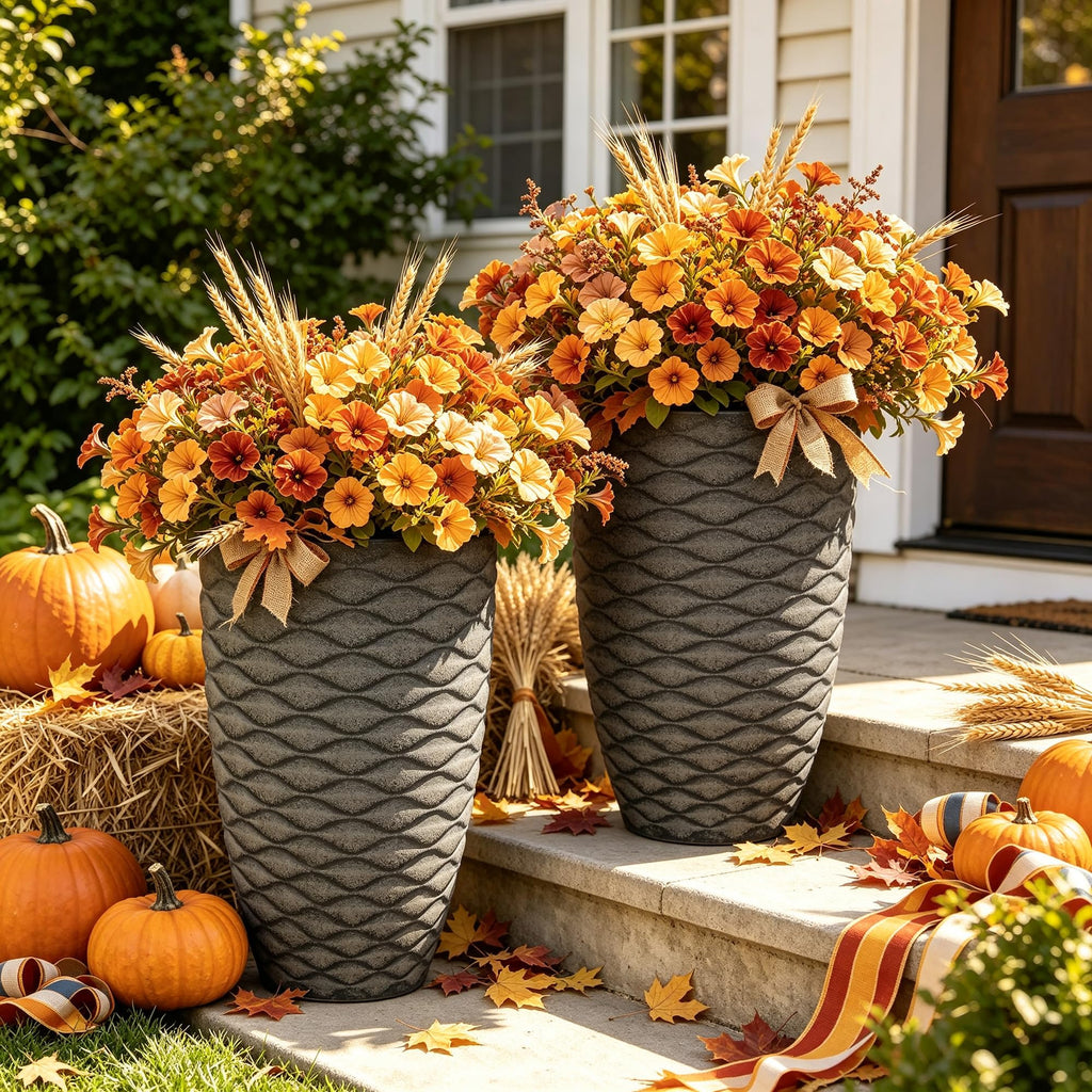 2-Pack 19" Rustic Black Resin Tall Planters with Wave Texture