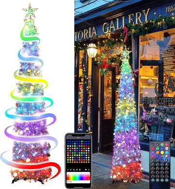 5 Ft Pop Up Christmas Tinsel Tree with Multi-Color Timer LED Lights, Collapsible Pencil Christmas Tree with Remote