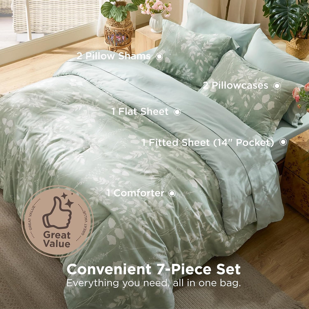 Queen Comforter Set - 7 Pieces Floral Sage Green GentleSoft Bedding Sets