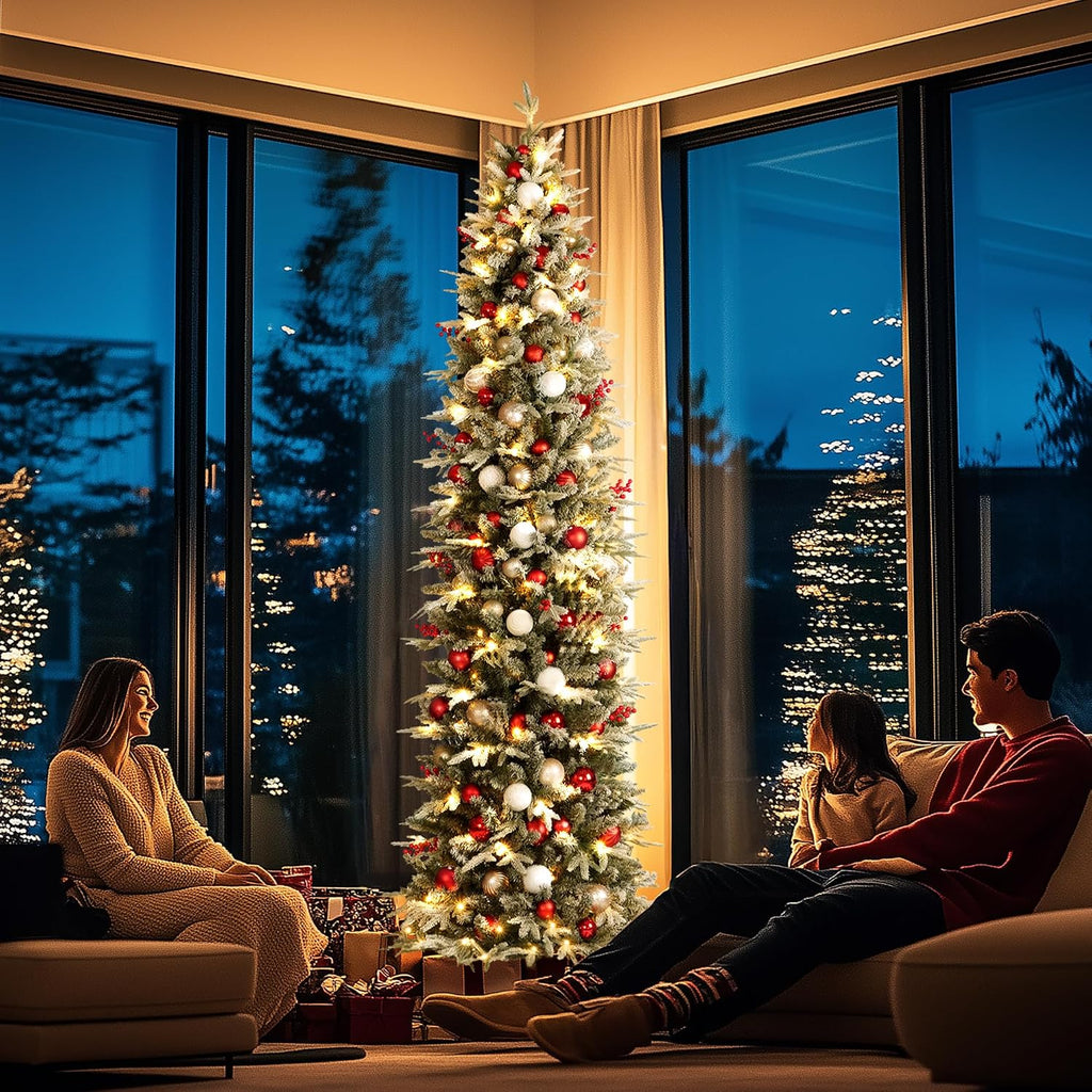 Pre-Lit Slim Christmas Tree with Remote & Color/Warm White 500 LED Lights, 2300 PE/PVC Tips, Snow Flocked