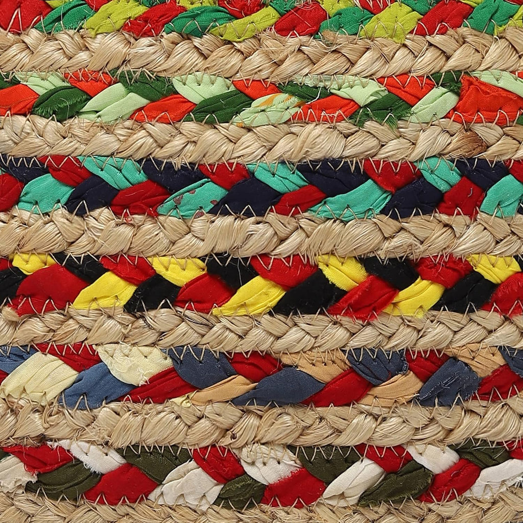 Braided Jute Cotton Pouf - Circular Boho Ottoman - Multi | Jute with Cotton Pouf, 19.5"x19.5"x14"; Braided Boho