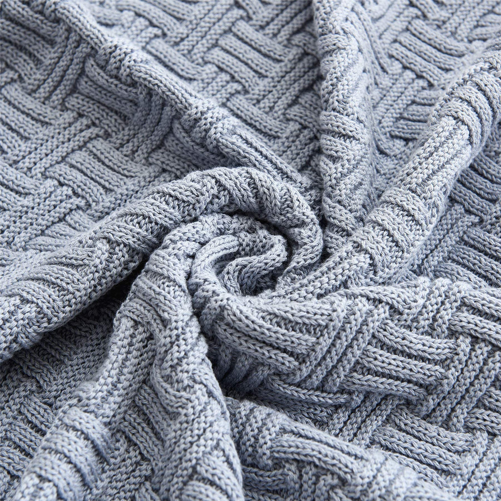 Large Grey Blue Cotton Knit Throw Blanket for Couch Sofa Bed - Home Decorative Soft Cozy Sweater Woven Fall Cable