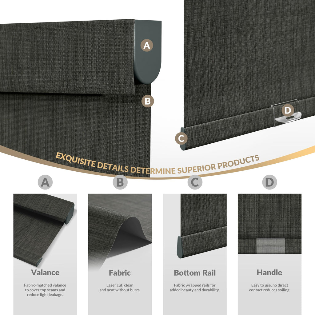 Cordless Blackout Roller Shades for Windows, Grey