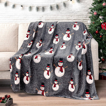 Christmas Snowman Throw Blanket | Grey Christmas Fleece Blanket | Soft, Plush, Warm Winter Cabin Throw, 50x60 (Grey