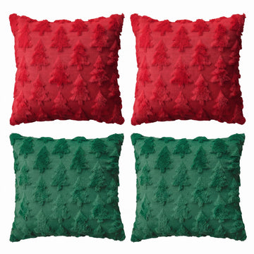Christmas Tree Red Green Throw Pillow Covers Set of 4, 18 x 18 Inch Soft Plush Faux Fur Jacquard Festivals Winter