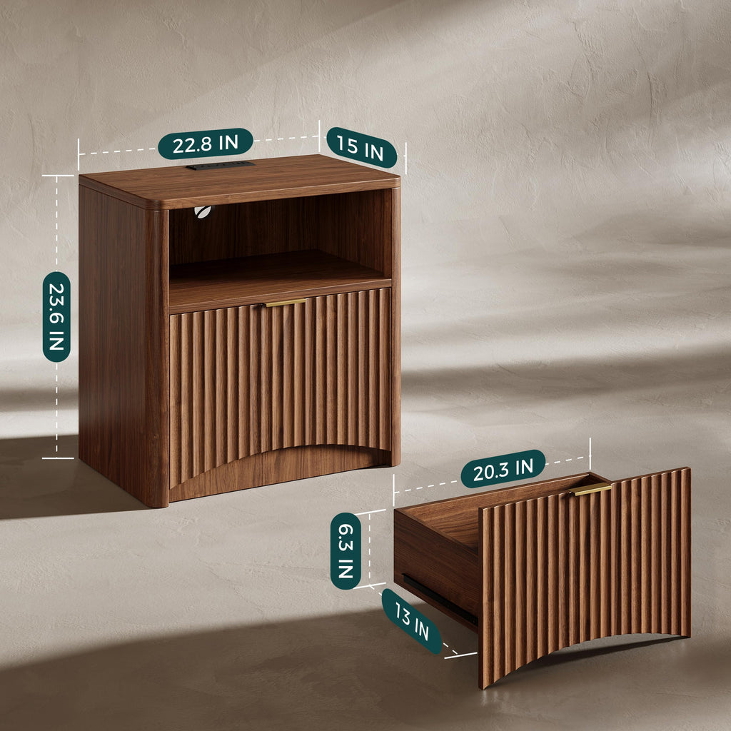 Fluted Nightstand with Charging Station, Walnut Bedside Table