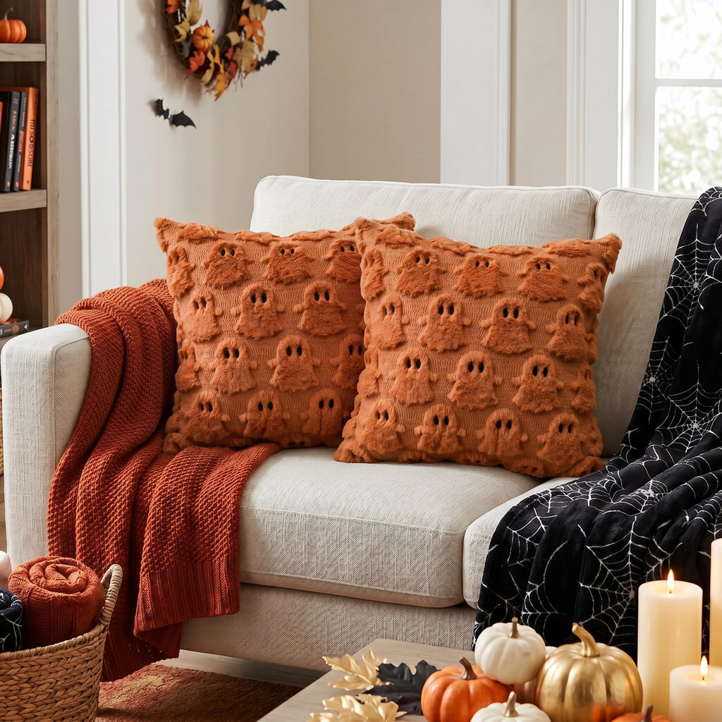 Halloween Ghost Caramel Throw Pillow Cover Set of 2, 20 x 20 Inch Soft Plush Faux Fur Jacquard Spooky Cushion Case