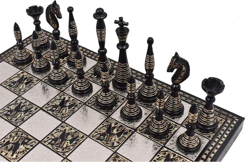 Solid Brass Metal Tribal Artwork Warli Luxury Chess Pieces & Board Set- 12" - Silver & Black... - Set of 32