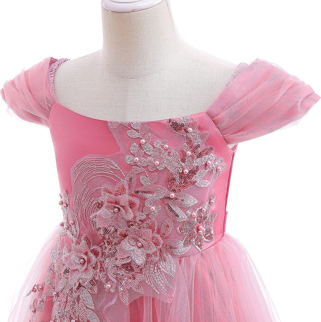 Vintage Off the Shoulder Flower Girl Dress Lace Embroidery Little/Big Girls Wedding Bridesmaid Holiday Ballgown
