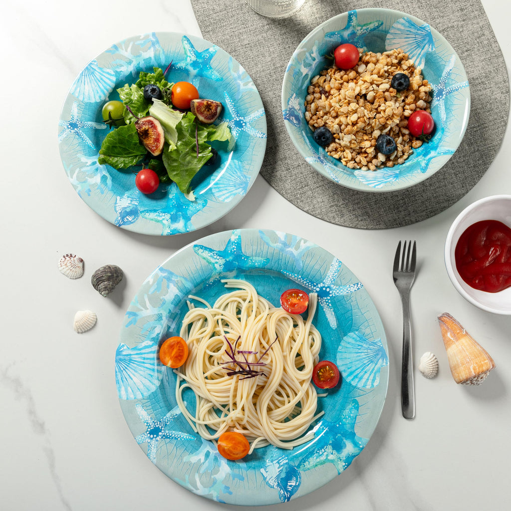 12 PCS Melamine Dishes Dinnerware set, Coastal Plate and Bowls Set