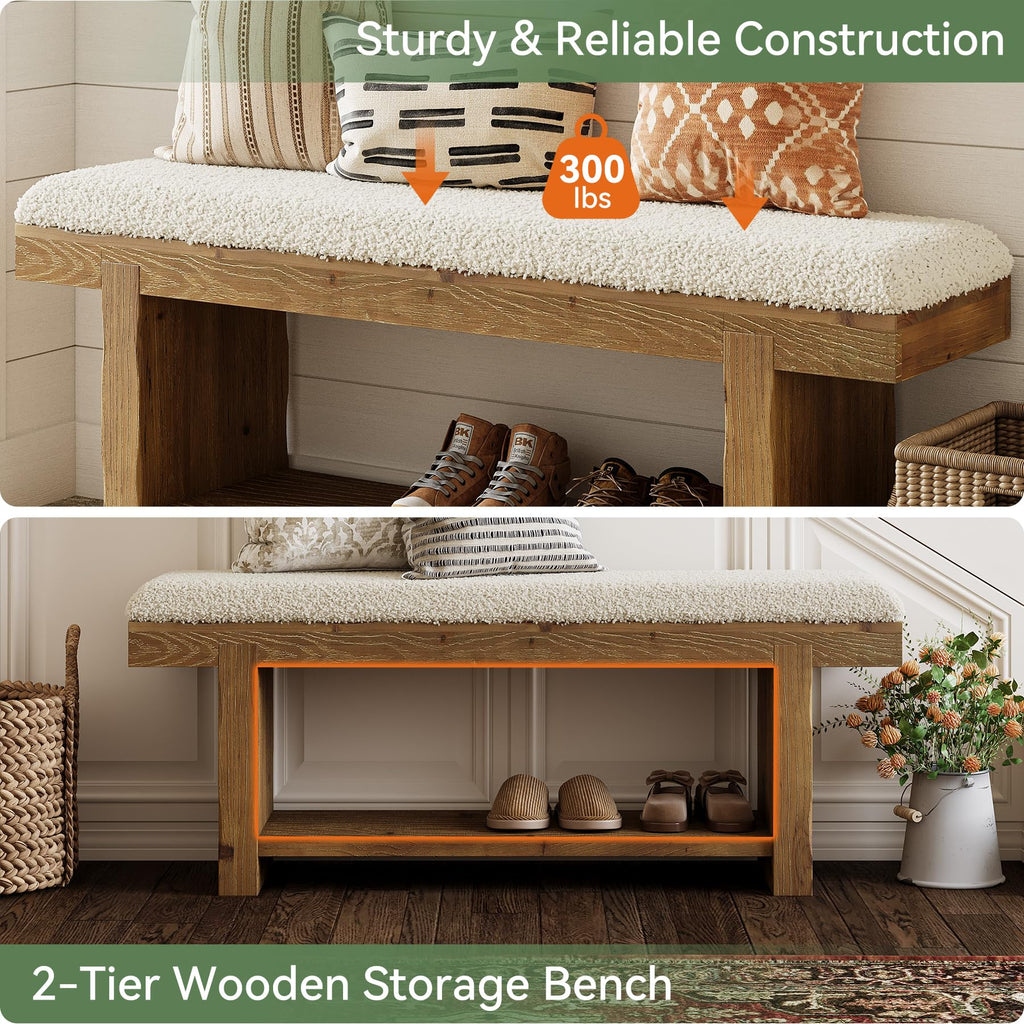 47.2-Inch Solid Wood Entryway Bench, 2-Tier Farmhouse Upholstered Bedroom Bench with Storage Shelf, Narrow Bench