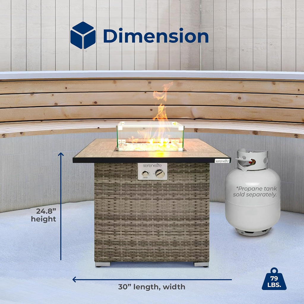 Outdoor Propane Fire Pit Table - CSA/ETL Certified Safe 50,000 BTU Pulse Ignition Weatherproof Square Wicker Propane
