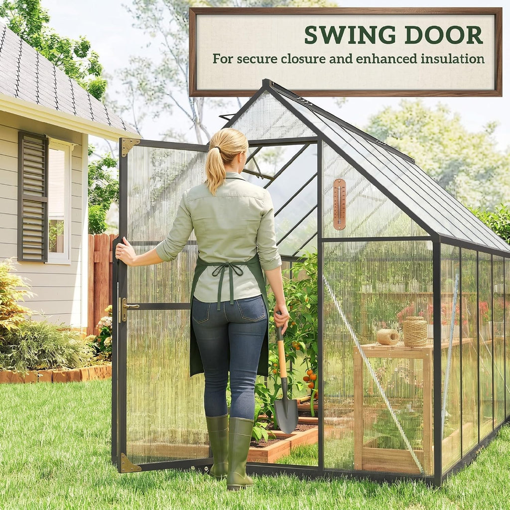 11x6 ft Polycarbonate Greenhouse with Swing Door, Black | Two Adjustable Roof Vents, Aluminum Walk-in Hothouse
