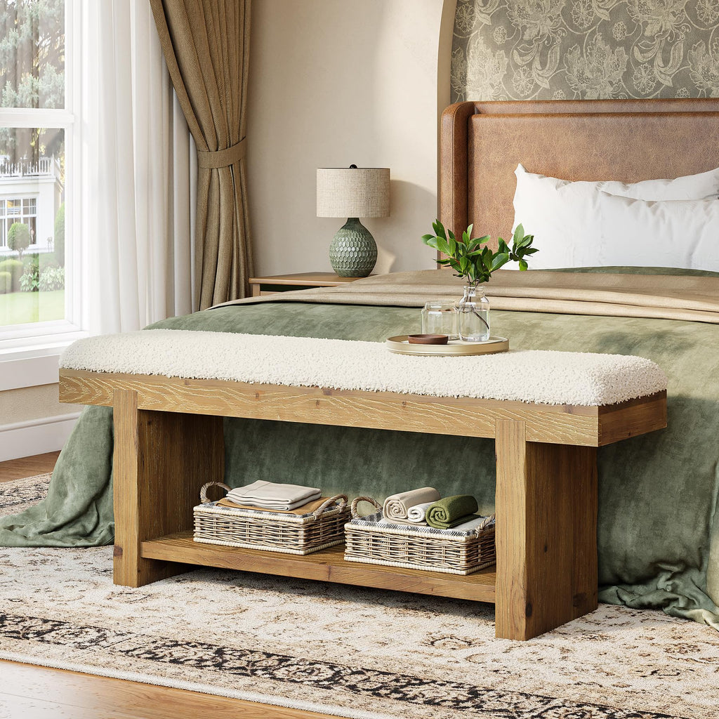 47.2-Inch Solid Wood Entryway Bench, 2-Tier Farmhouse Upholstered Bedroom Bench with Storage Shelf, Narrow Bench