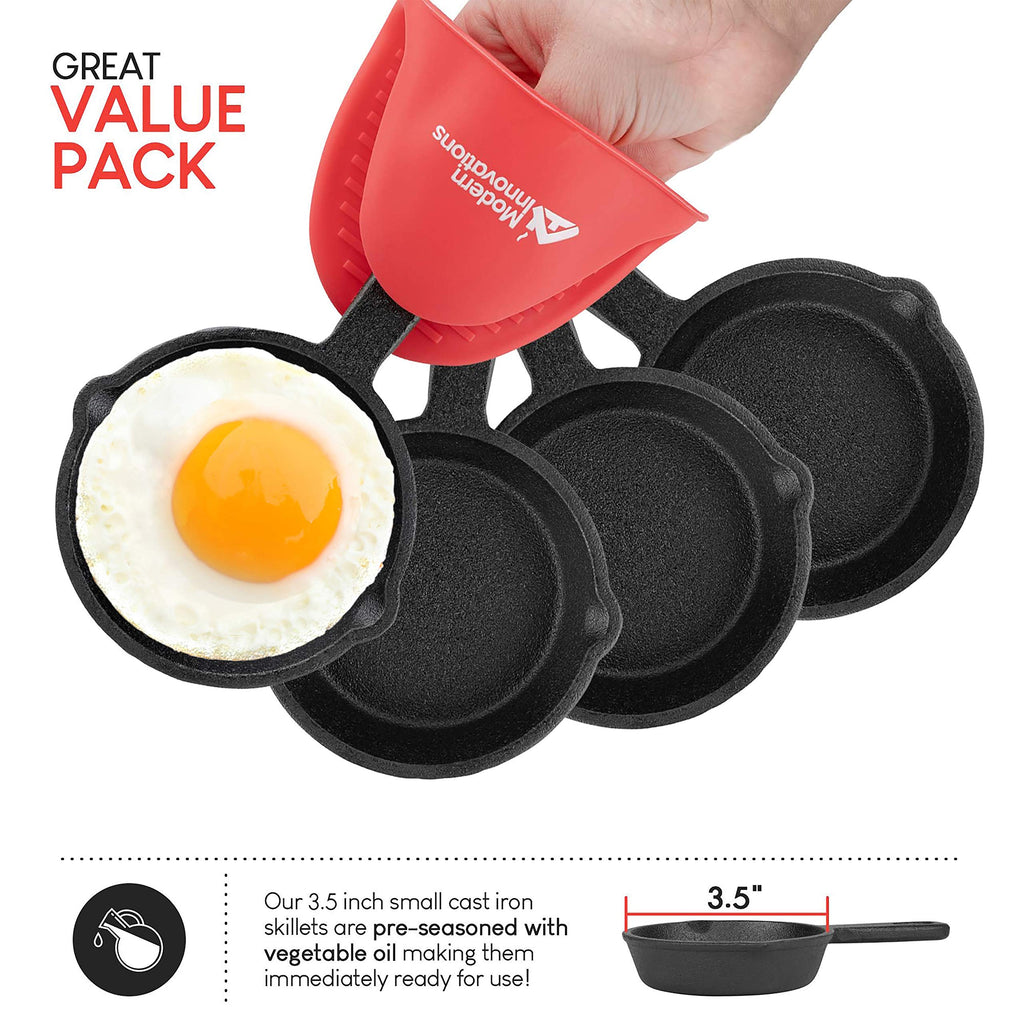 Mini Black Cast Iron Skillet Set with Silicone Mitt (4 Count) - 3.5 Inch Pans, Pre Seasoned Small Skillets for Baked