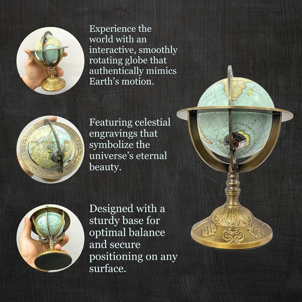Brass Armillary Sphere Globe with Celestial Engravings and Floral Base - Rotating Decorative Astronomical Piece.