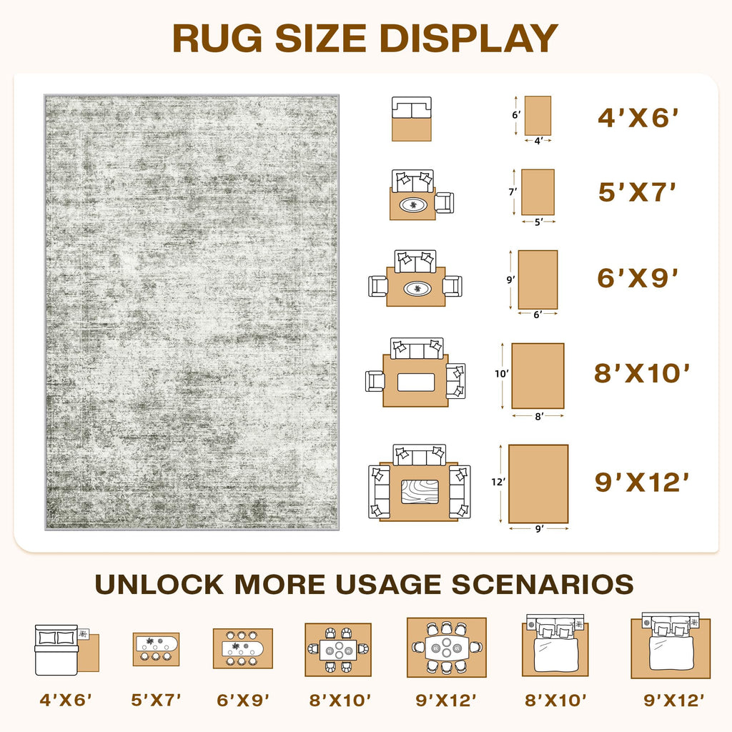 Washable Distressed Area Rug, Neutral Living Room Carpet