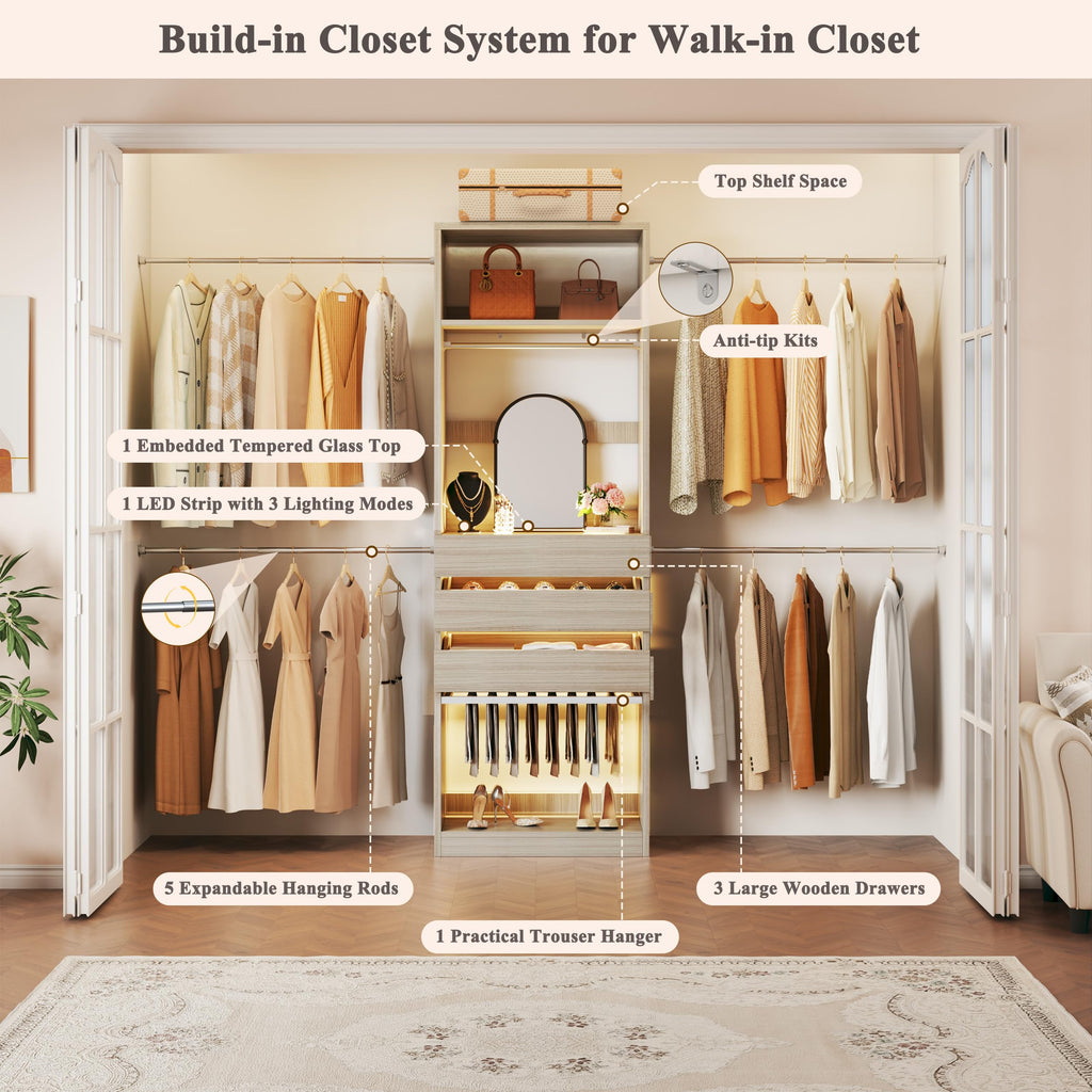 Closet System, 4-8 FT Closet Organizer with 3 Wood Drawers & Glass Top, Oak