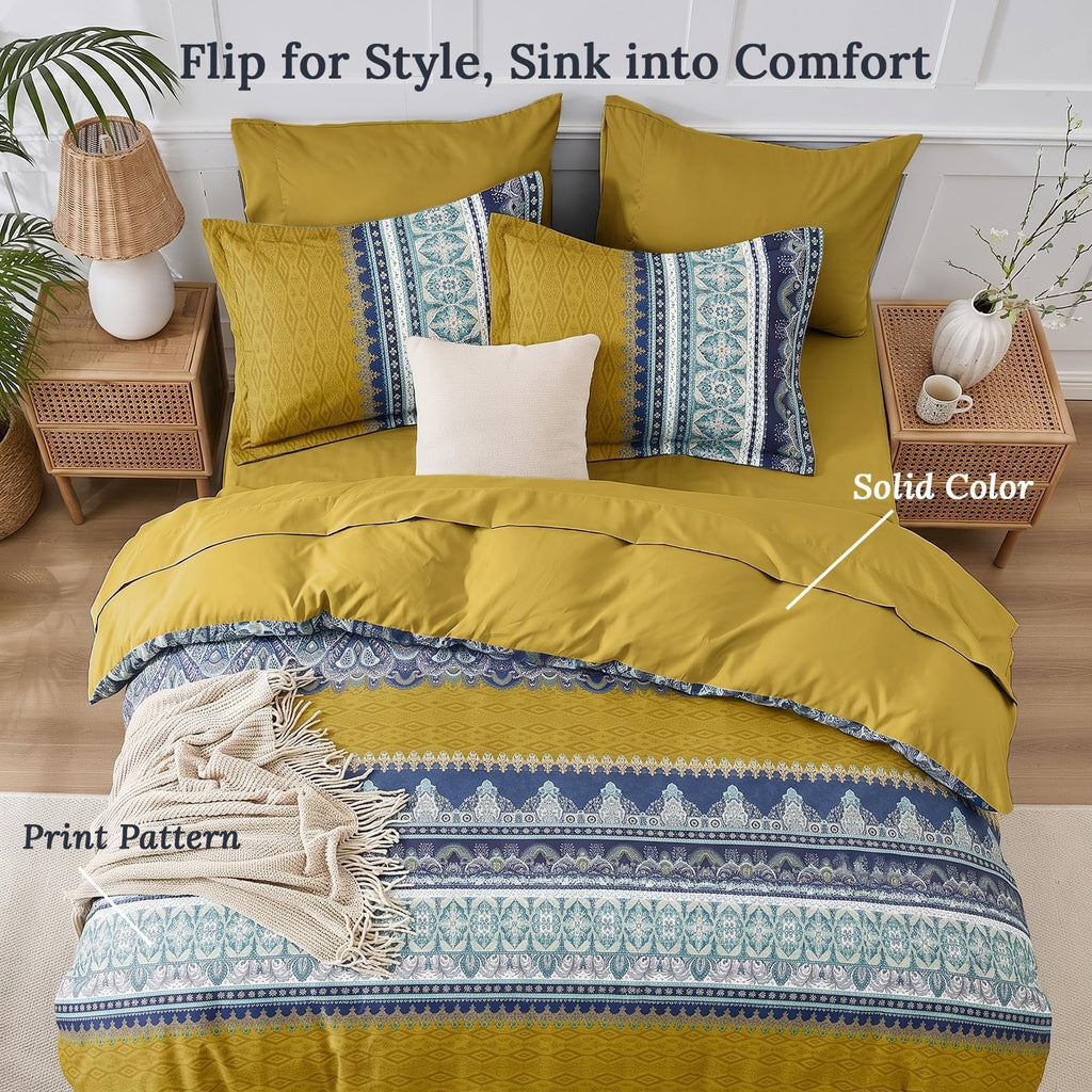 Full Comforter Set 7-Piece, Boho Bed in a Bag, Mustard Yellow