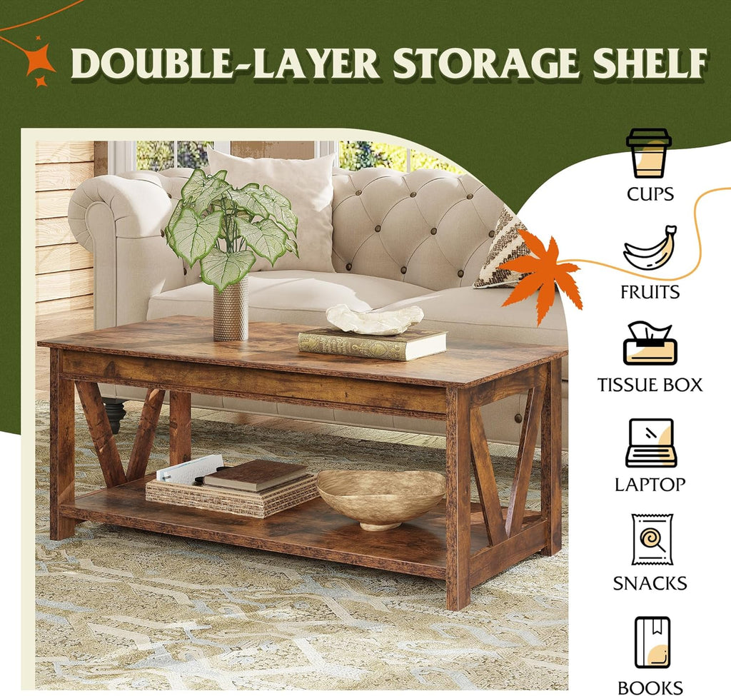 Coffee Table, 43" Farmhouse Coffee Table with Storage Shelf & Sturdy V-Shaped Support, Wood Center Table and Balco...