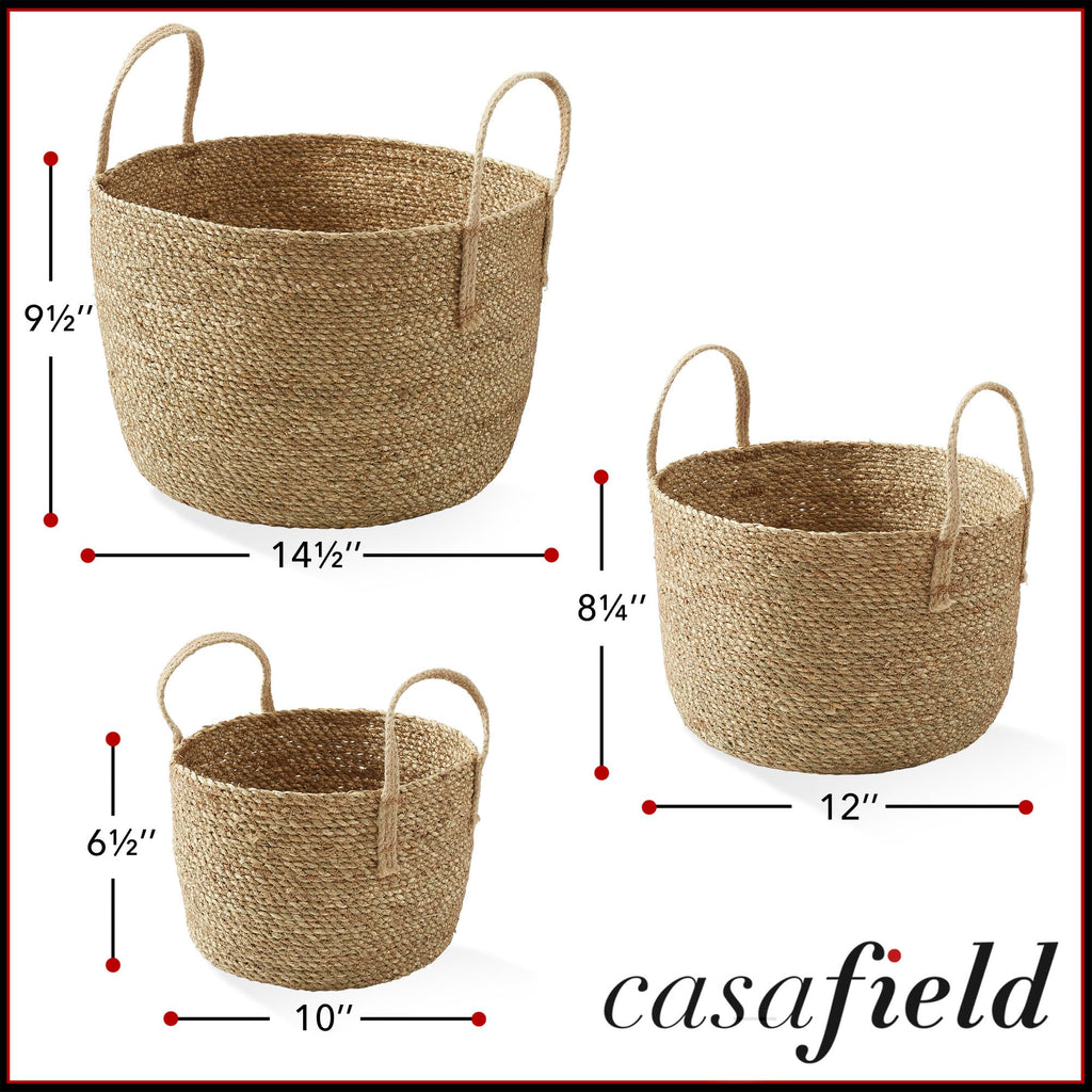 Set of 3 Braided Seagrass Baskets with Jute Handles - Natural, Woven Storage Basket Planters, Boho Decor