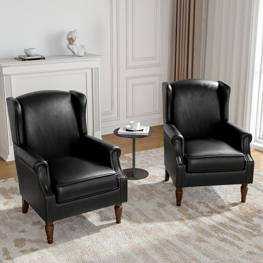 Faux Leather Wingback Accent Chairs Set of 2, High Back Armchair, Black
