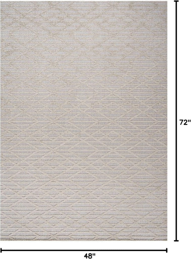 Moroccan Diamond Indoor Outdoor Area Rug Beige, Ararat High-Low Pile Modern for Backyard, Patio, Porch