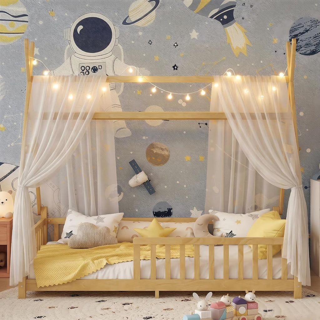 Teepee Floor Bed for Kids, Twin Size Tent Beds with LED Light & Hanging Rack, Detachable Montessori Floor Bed