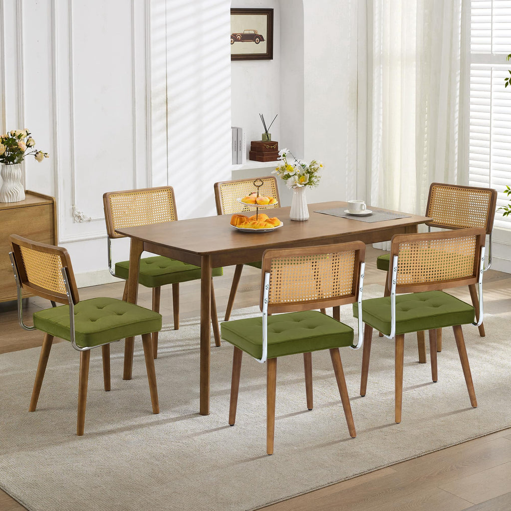 Natural Rattan Dining Chairs Set of 4, Velvet Upholstered Kitchen Chairs with Tall Cane Backrest and Strong Wood Legs