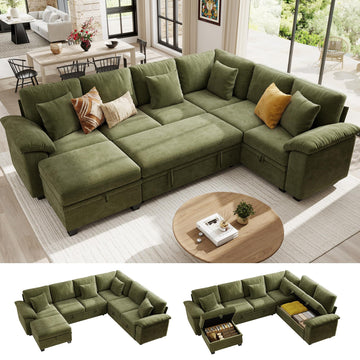 108" Modular Sectional Sofa with Pull Out Bed, 7-Seater L Shaped Sectional Sleeper Couch with Storage, Chenille