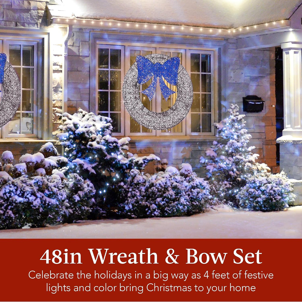 48in Pre-Lit Outdoor Christmas Wreath Decoration, LED Metal Holiday Decor w/ 140 Lights, Bow - Hanukkah Silver/Blue