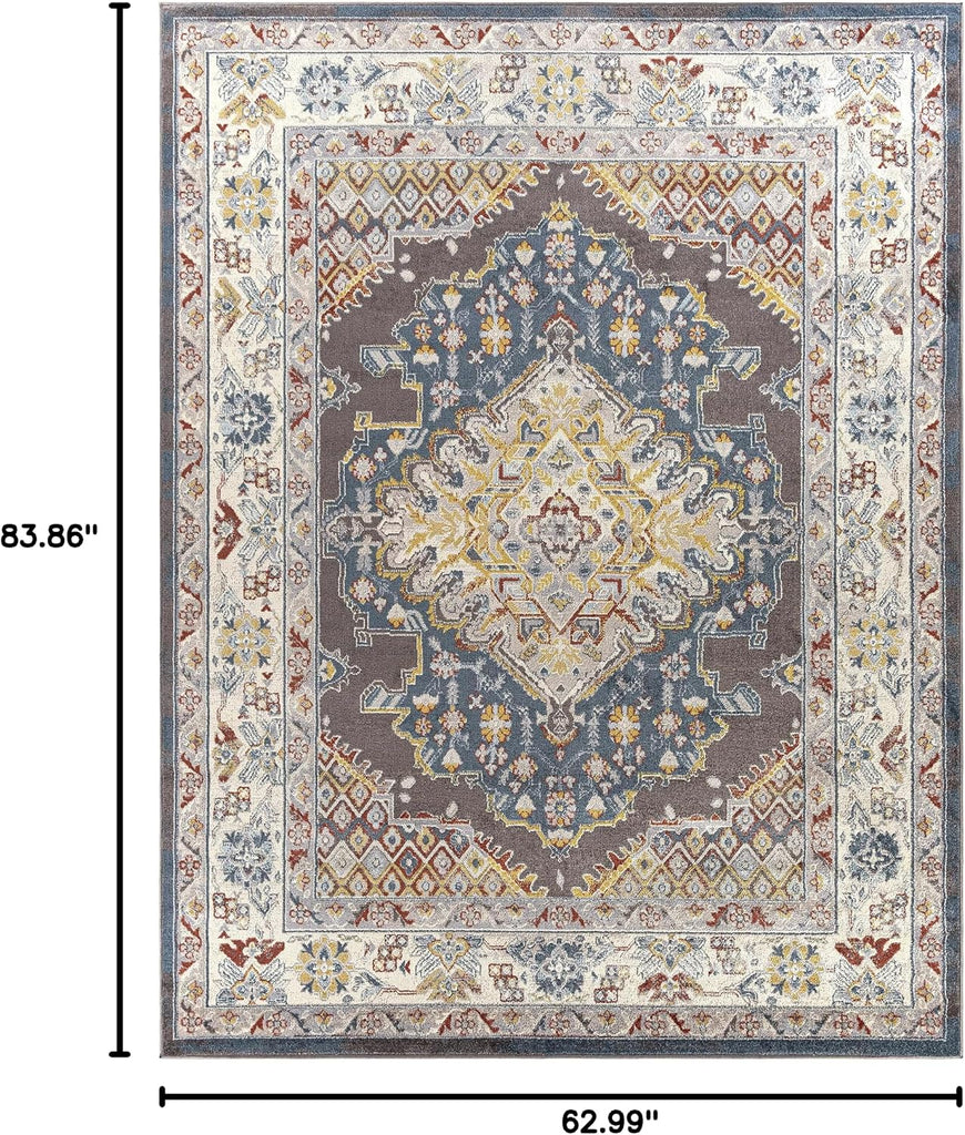 Blue Medallion Traditional Cream Area Rug Taupe Charcoal Gray Navy Haymond Living Room Bedroom Dining Room Home