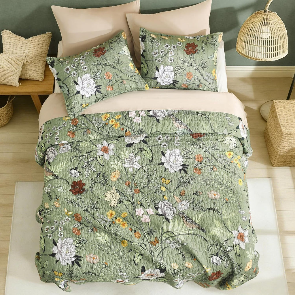 Floral Green Quilt California King - 3 Pieces Cal King Sage Botanical Birds Pattern Quilt Bedding, Spring Lightweight