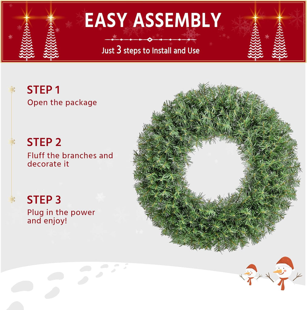 30in Large Artificial Christmas Wreath, Pre-lit Holiday Accent Decoration with Red Bow, 110 LED Lights & 300 PVC