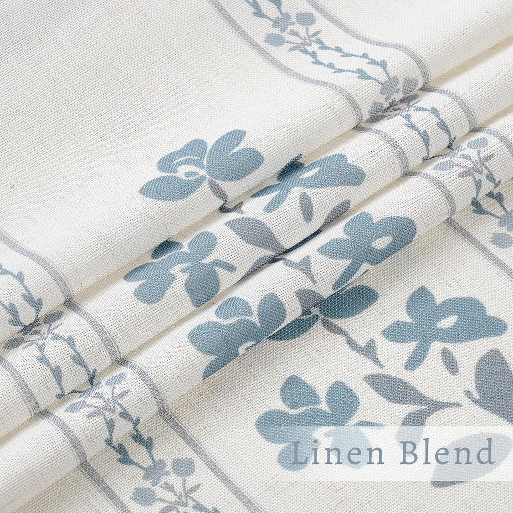 Blue Grey Pinch Pleated Floral Curtains 84 Inches Long for Living Dining Room Pinch Pleat Light Filtering Linen Semi