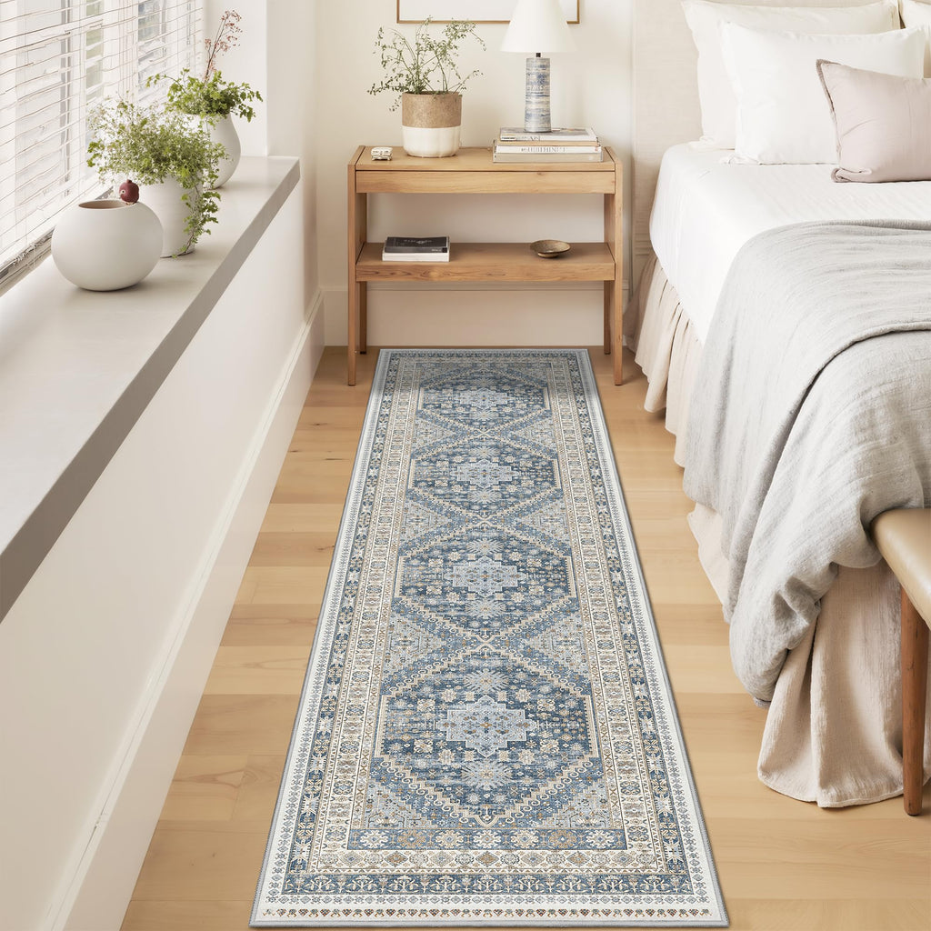 Runner Rug 2x8 Runners s Non Slip Washable, Blue/Beige
