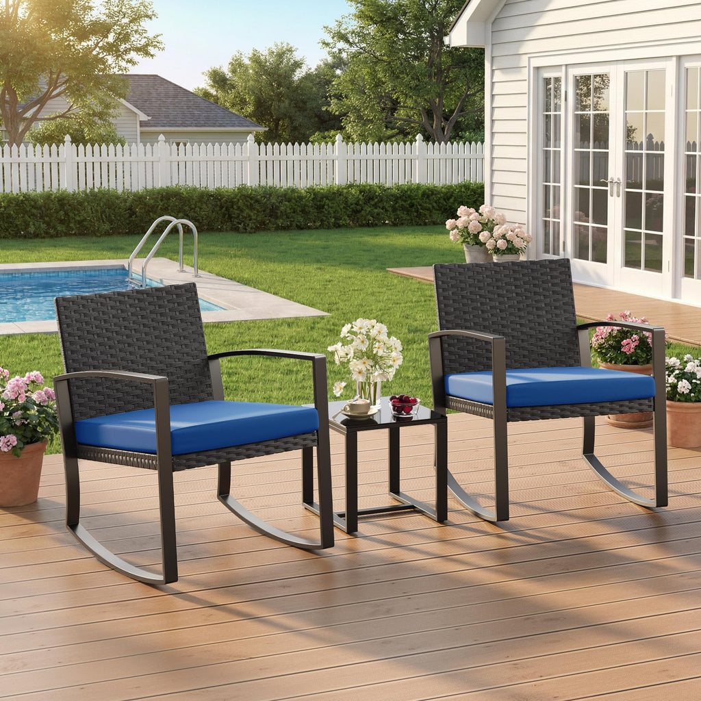 3 Piece Patio Bistro Set Patio Furniture Set Outdoor Wicker Rocking Furniture Conversation Set with Tempered Glass