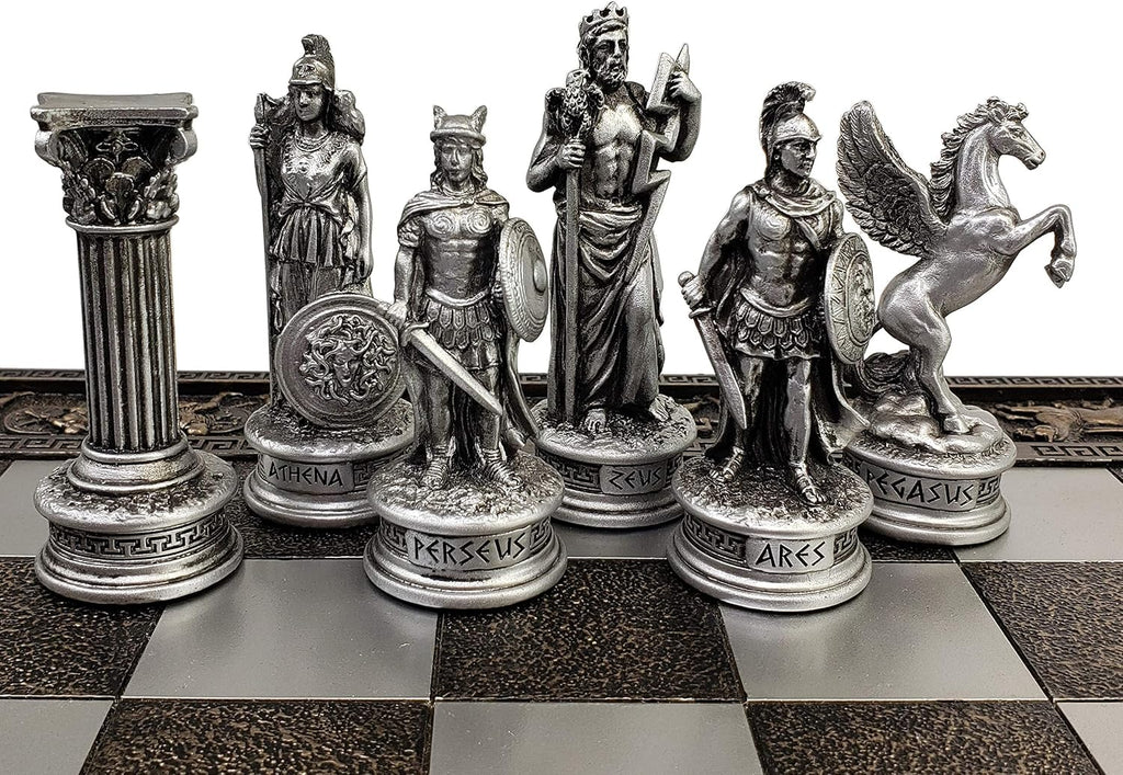 Greek Mythology Olympus Gods Zeus vs Poseidon Pewter and Bronze Color Chess Set with 17" Greek Board - Set of 32