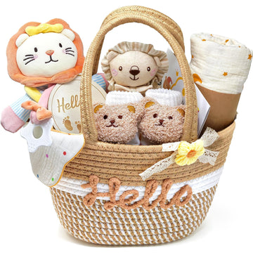 Baby Boy Gifts for Baby Shower, Newborn Baby Boy Gift Basket with Lion Lovey Hand Puppet, Muslin Swaddle Blanket