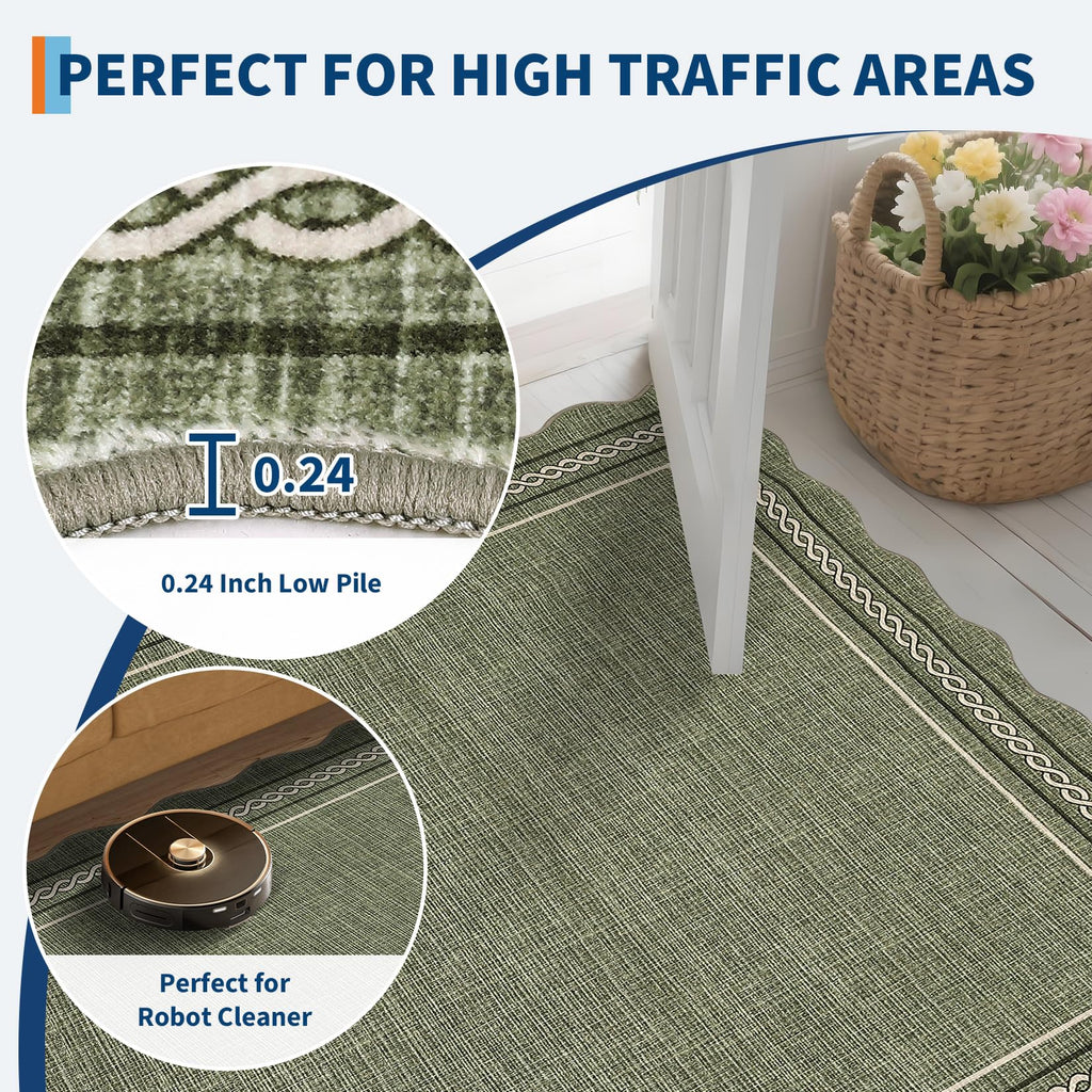 Scalloped Washable Runner Rug Non Slip, Green