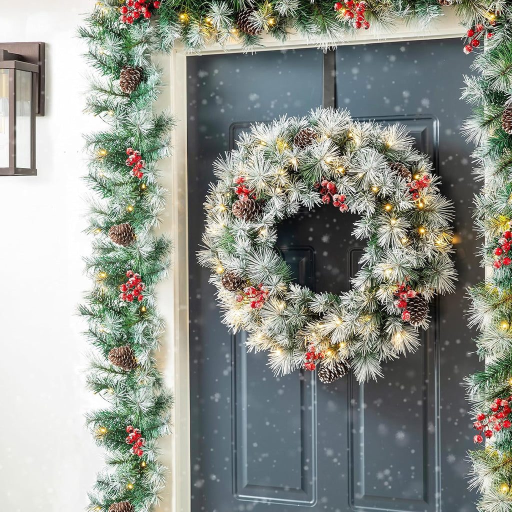 With Lights, Prelit Greenery Garland Pine Cones and Red Berries Christmas Garland for Mantle, Pine Garland with 50