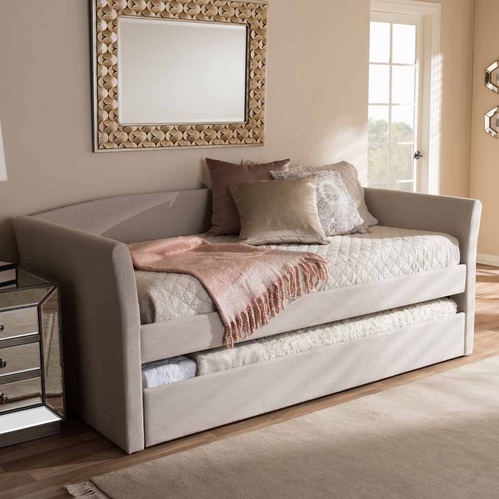 Camino Modern and Contemporary Beige Fabric Upholstered Daybed with Guest Trundle Bed