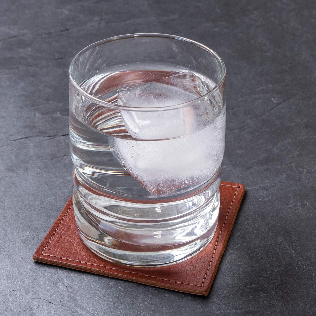 American Made Leather Coasters - Premium Full Grain Leather, Double Layered Square Rustic Brown Coaster Set, 4"x4" - Set of 4