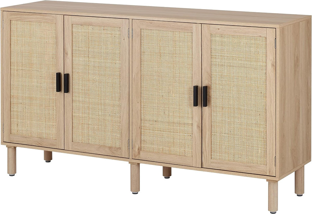 4 Door Sideboard Buffet Cabinet, Kitchen Storage Cabinet with Rattan Decorated Doors, Cupboard Console Table, Boho