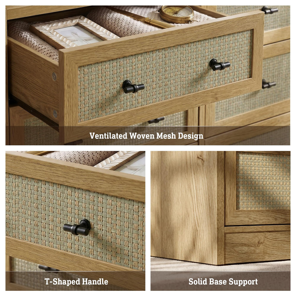 9 Drawers Dresser, 63" Wide Rattan Dressers w/Charging Station