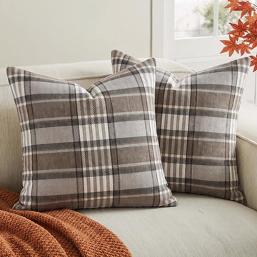 Brown Plaid Euro Pillow Sham Covers 24x24, Large Fall Winter Couch Pillows