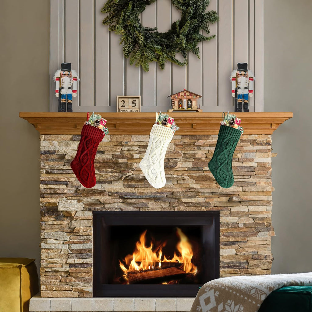 14" Unique Burgundy and Ivory White and Green Knitted Christmas Stockings - Set of 3