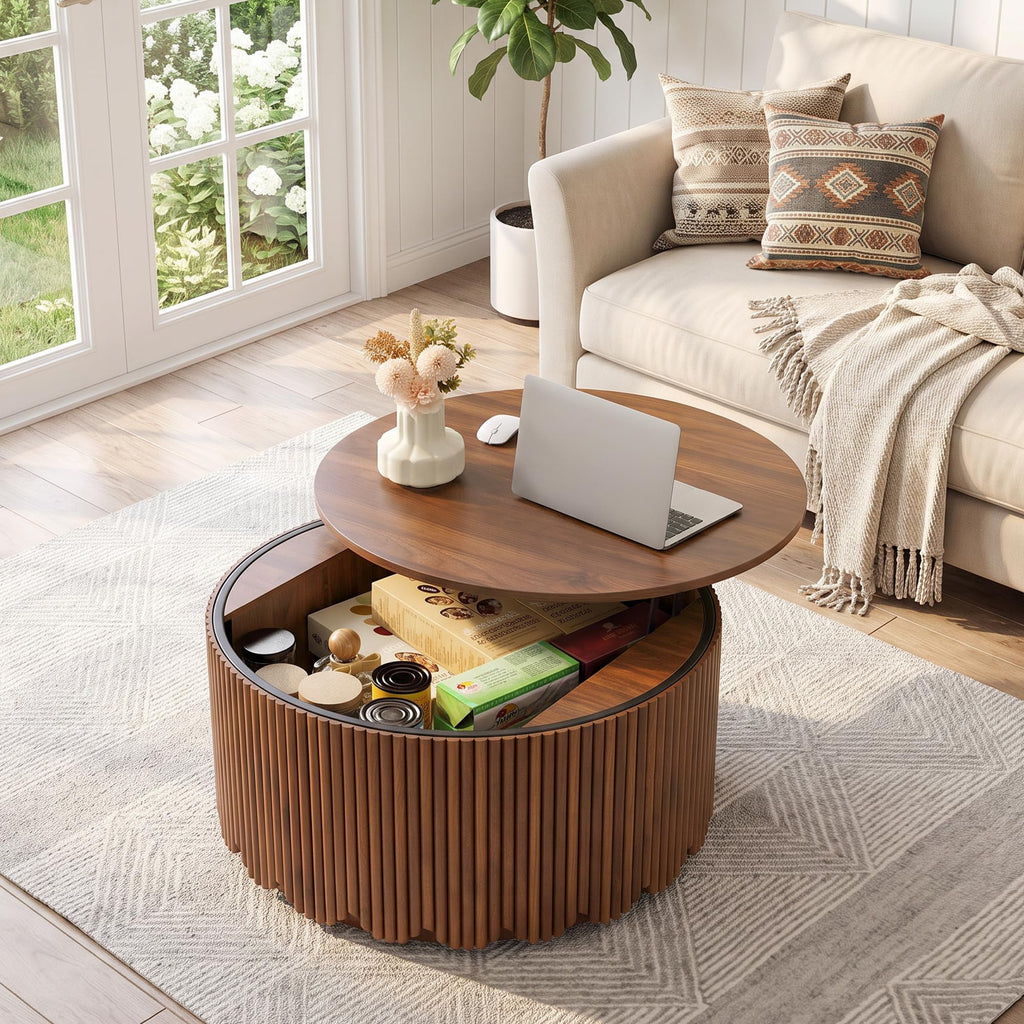 Fluted Round Lift Top Coffee Table with Storage, Walnut